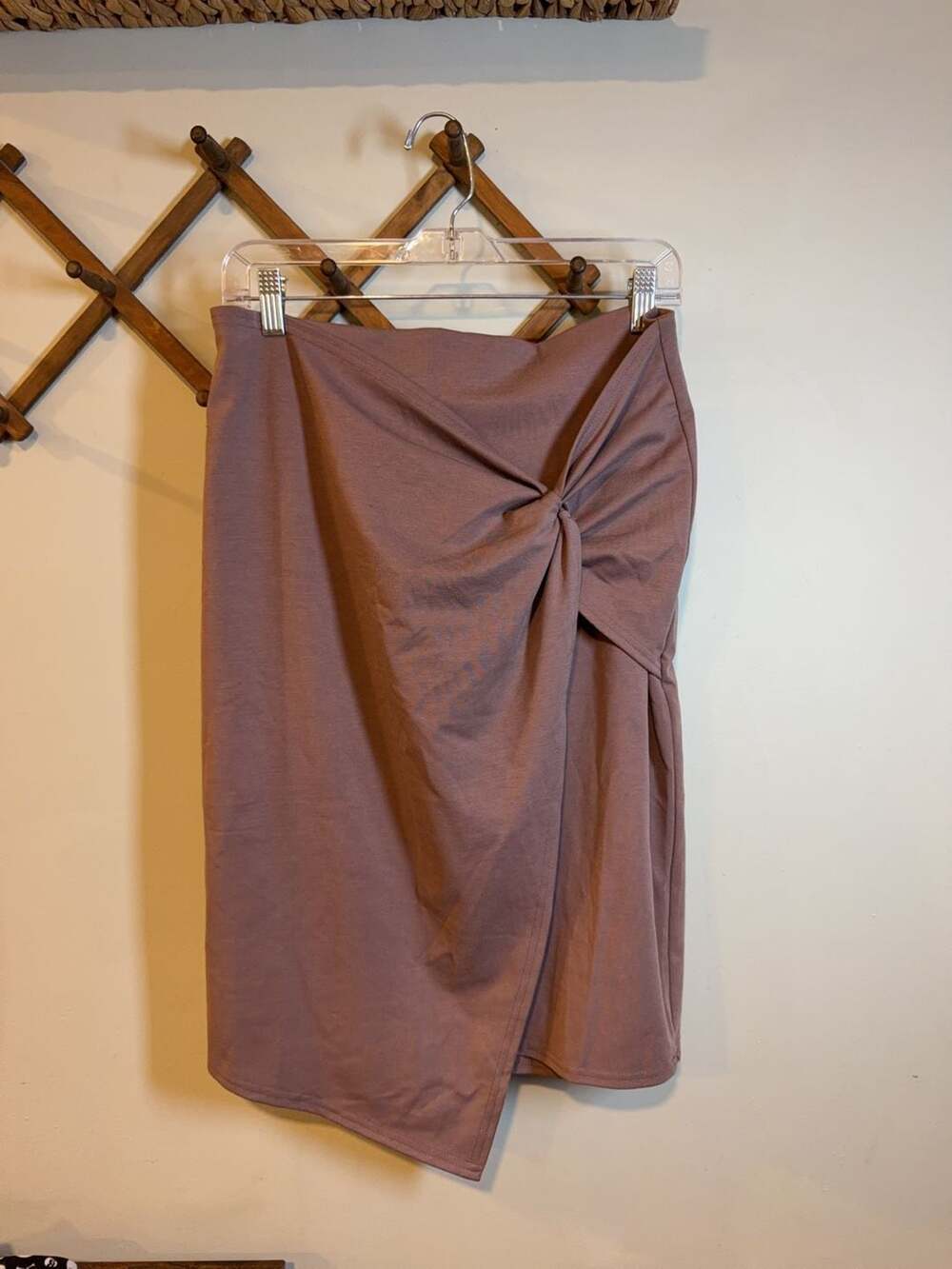 Kate Kasin Knit Faux Wrap Twist Front Asymmetrical Midi Skirt